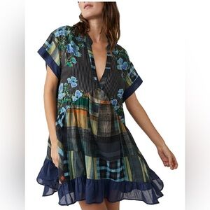 Free People Agnes Dress Patchwork Print Black Floral Boho Swing A-Line XS